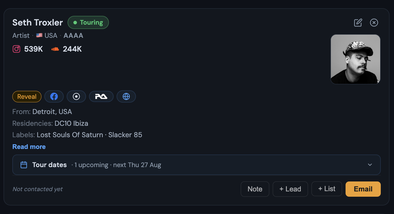 Seth Troxler contact card in the Beat-hit CRM